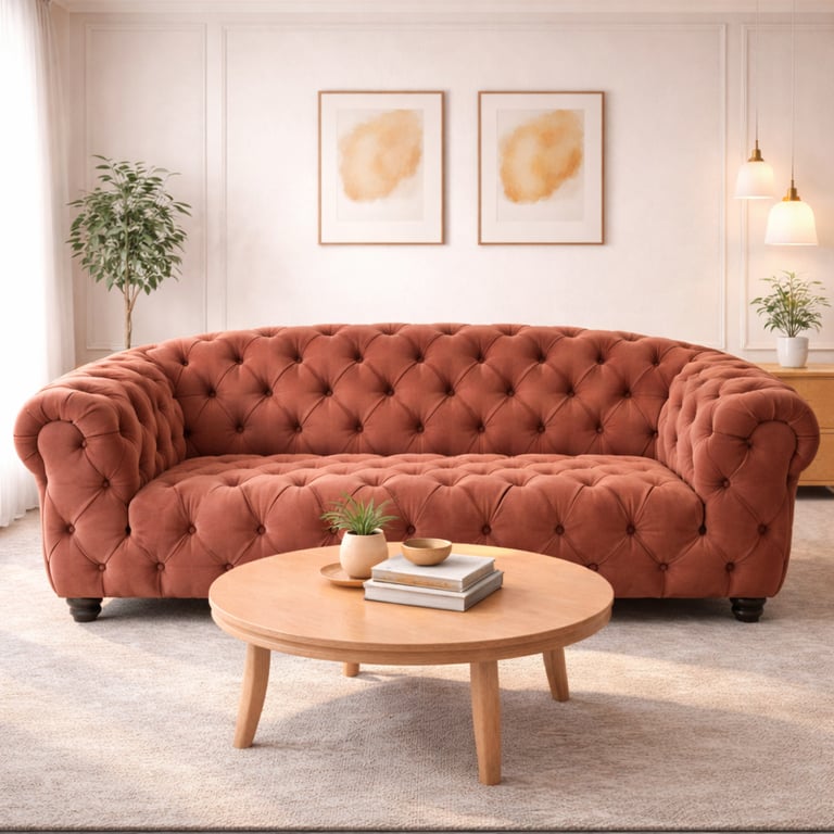 Tufted terracotta velvet sofa in a modern living room with a round wooden coffee table.
