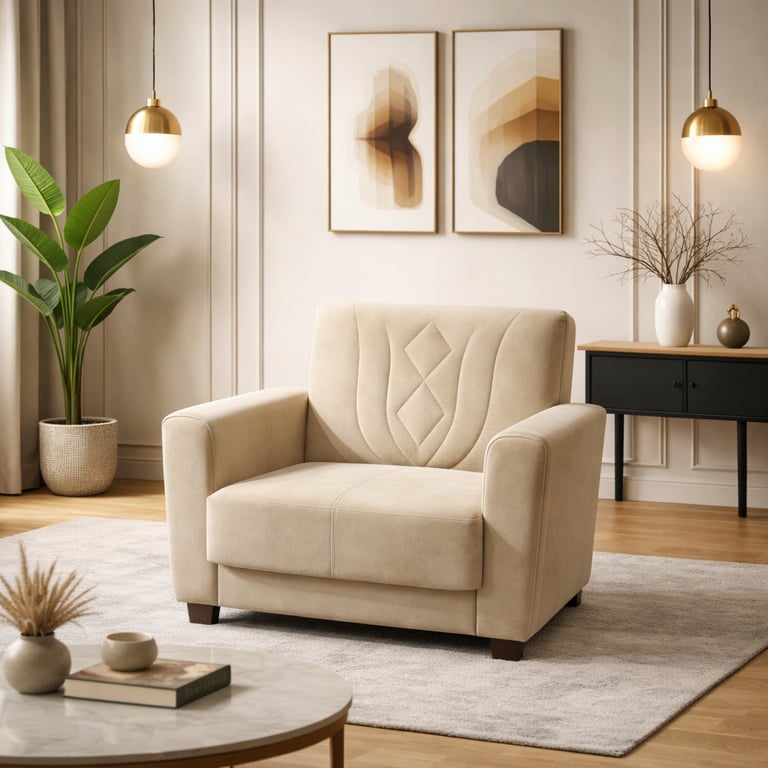 Modern beige upholstered armchair in a minimalist living room with neutral decor and gold pendant lights.