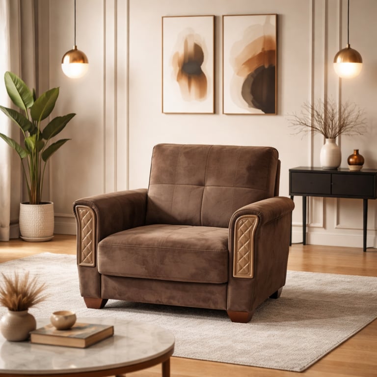 Modern brown velvet armchair in a stylish living room with gold pendant lights and wall art.