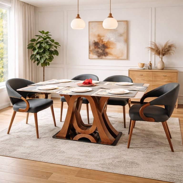 Modern dining room set featuring a wood pedestal table and black leather chairs on a neutral rug.