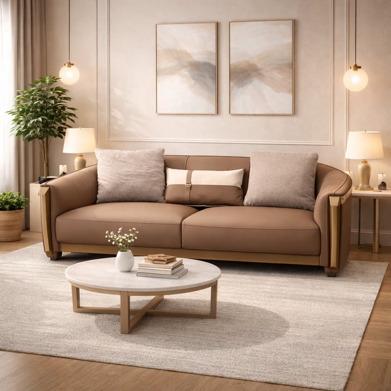 Modern brown leather sofa with a marble coffee table in a minimalist living room with warm lighting.
