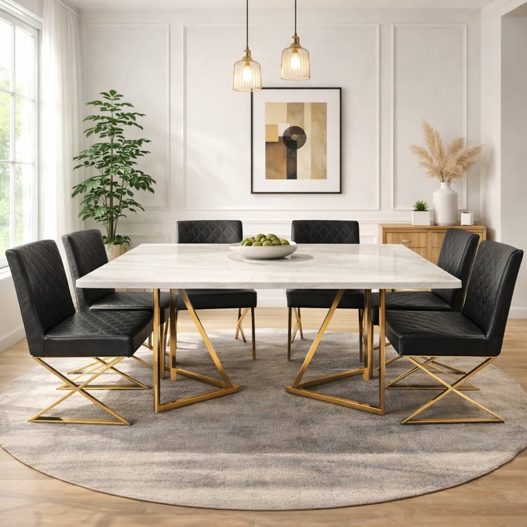 Modern white marble dining table with gold geometric legs and black tufted leather chairs on a round rug.