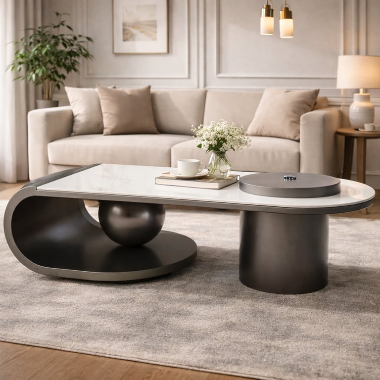 Modern designer coffee table with a white marble top in a luxury minimalist living room.