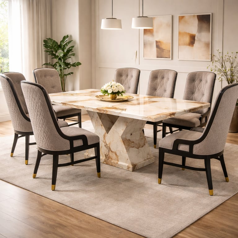 Luxury marble dining table with tufted grey chairs in a modern, elegant dining room.