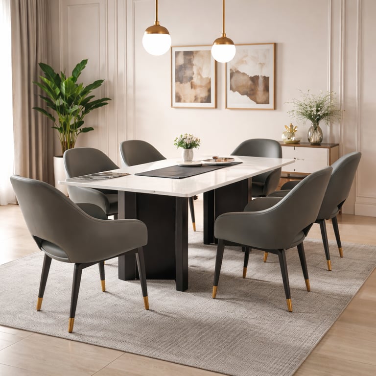 Modern dining room set with marble top table and six gray leather chairs on a textured rug.