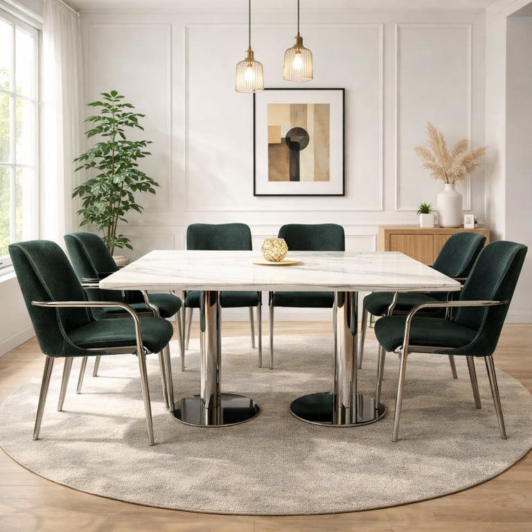 Modern dining room featuring a white marble dining table and dark green velvet chairs on a round rug.