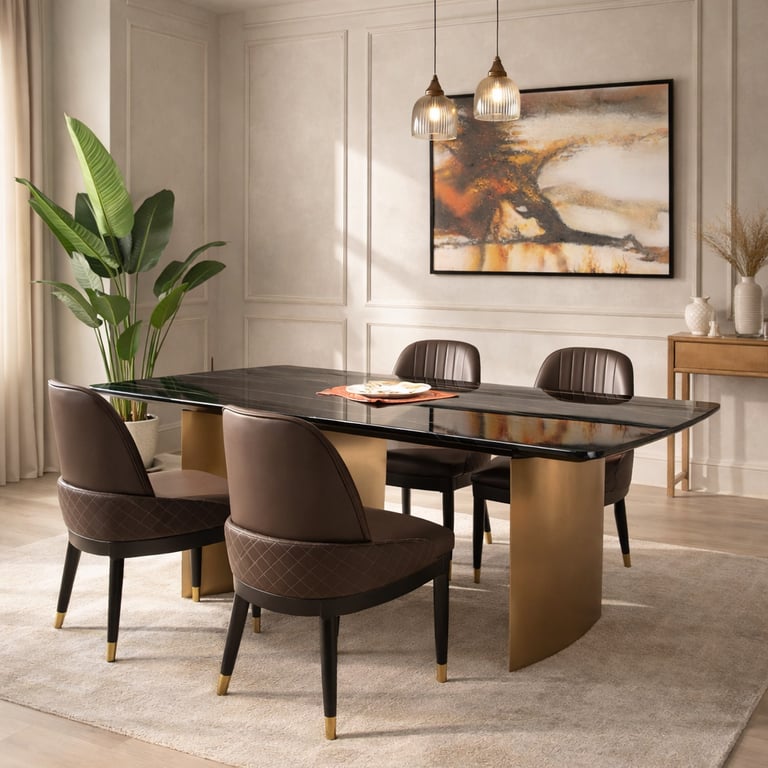 Modern dining room featuring a black marble table with gold legs and leather chairs.