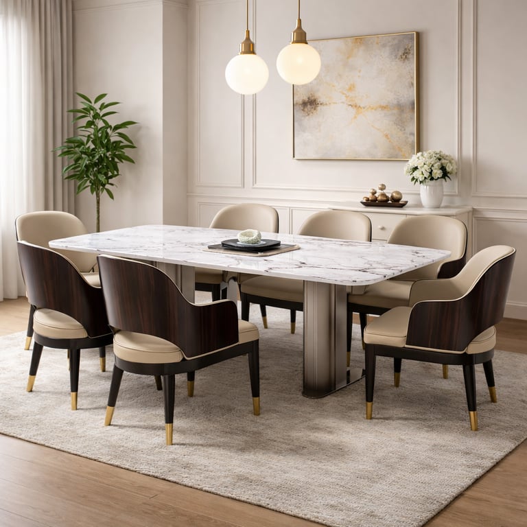 Modern luxury dining room featuring a white marble table and wood-backed upholstered chairs.