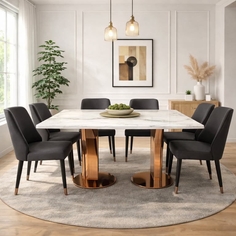 Modern dining room featuring a white marble dining table with gold pedestal legs and black upholstered chairs.