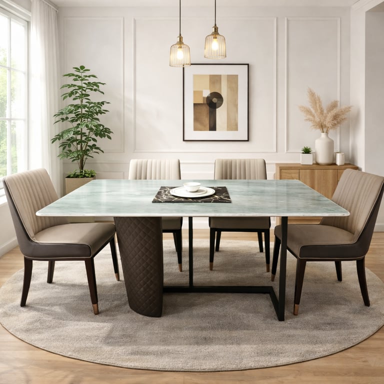 Modern dining room featuring a green marble table, beige upholstered chairs, and a round area rug.