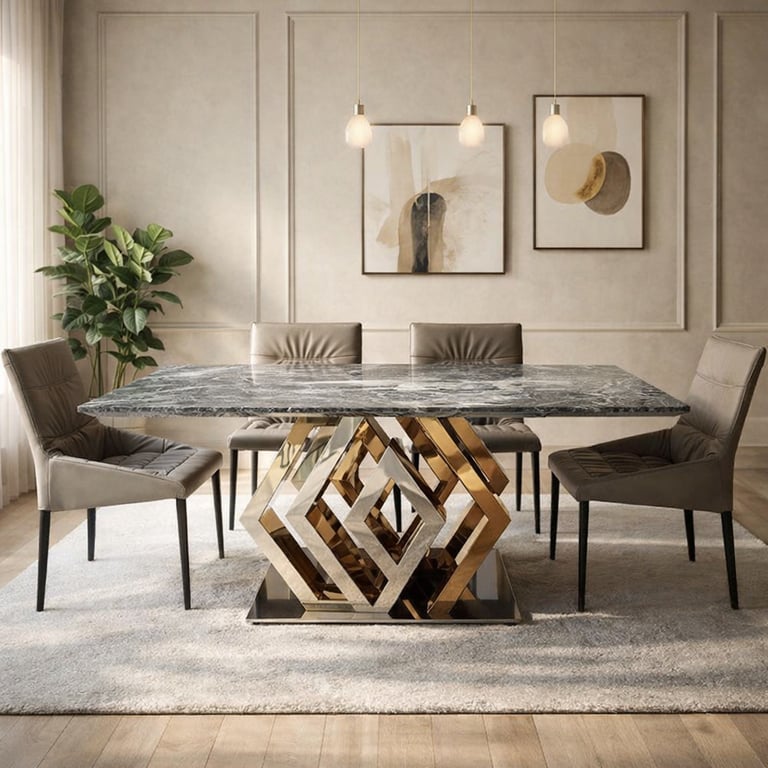 Luxury marble dining table with a geometric gold base and grey upholstered chairs in a modern room.