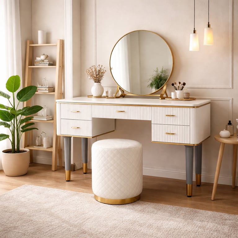 Modern white vanity desk with a round gold mirror, fluted drawers, and a matching tufted stool in a bright bedroom.