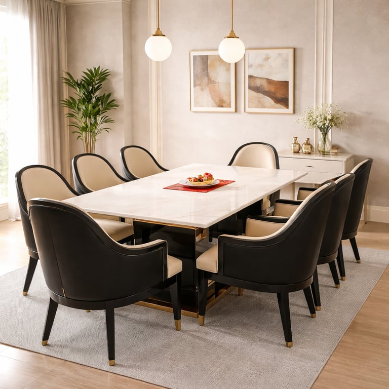 Modern luxury dining room featuring a white marble table and elegant black leather armchairs.