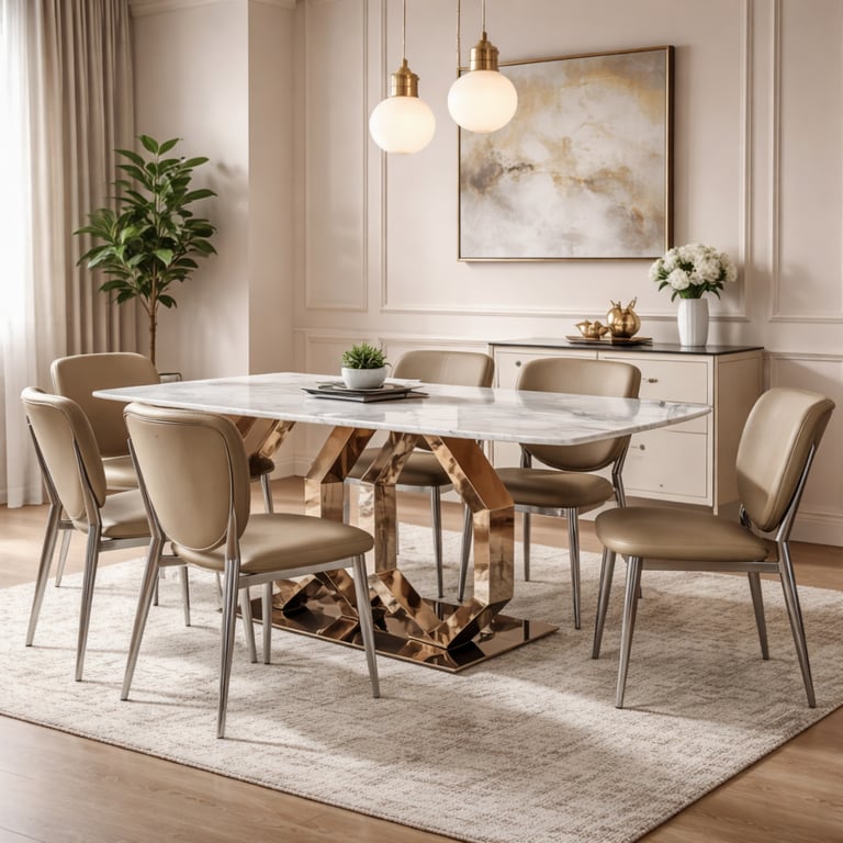 Modern marble dining table with gold geometric base and beige leather chairs in a luxury dining room.