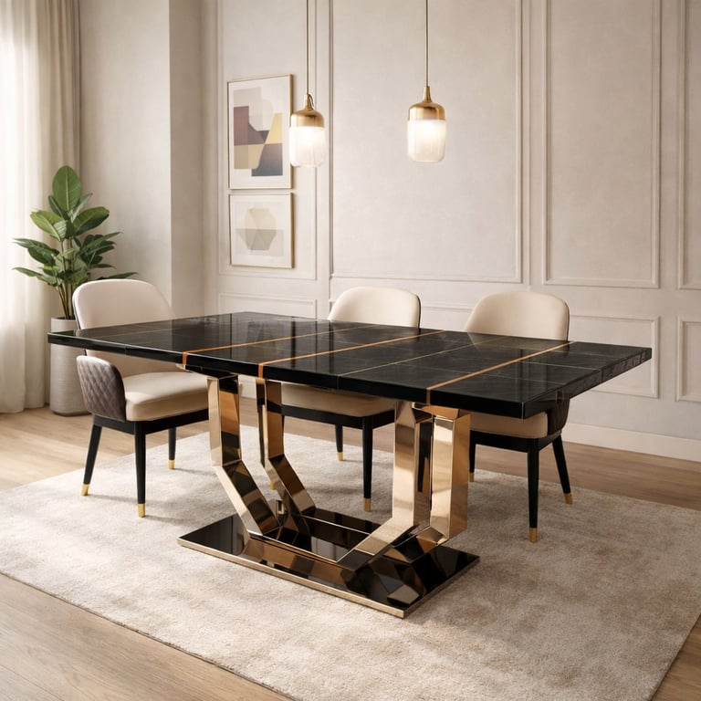 Modern black marble dining table with gold pedestal base and upholstered chairs in a luxury room.