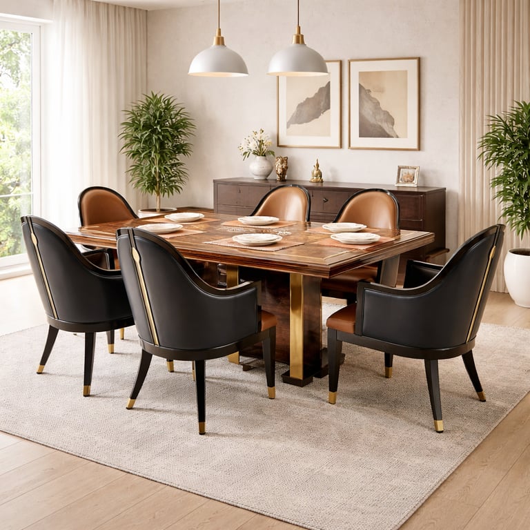 Elegant modern dining room featuring a wood table with gold accents and black leather armchairs.