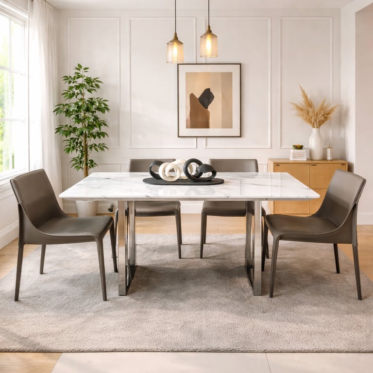 Modern white marble dining table with leather chairs and pendant lights in a minimalist room.