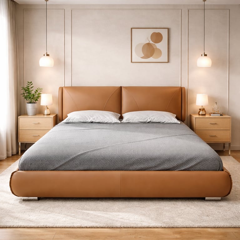 Modern bedroom with a tan leather upholstered bed frame, wooden nightstands, and elegant pendant lighting.