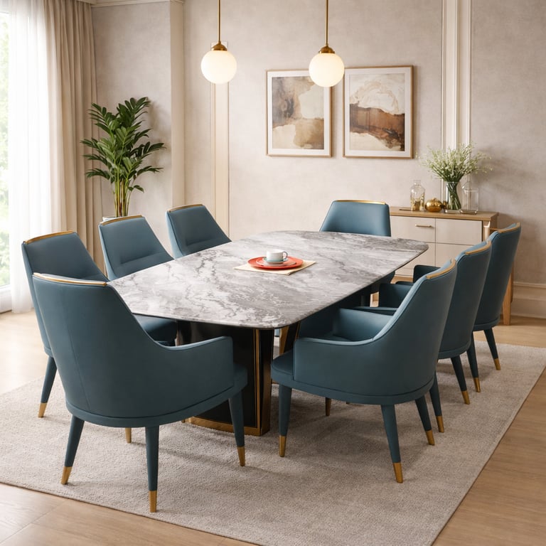 Modern dining room featuring a gray marble table and elegant blue velvet chairs with gold legs.