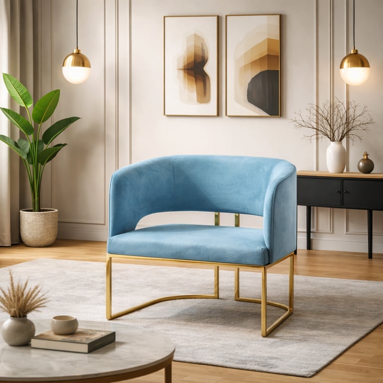 Modern blue velvet armchair with gold metal legs in a minimalist luxury living room.