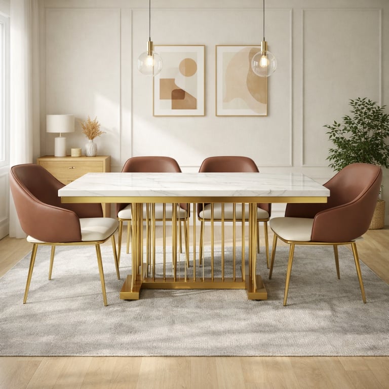 Modern dining room featuring a white marble table with gold legs and four brown leather chairs.
