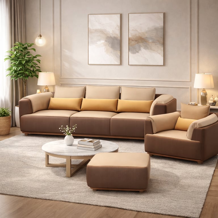 Modern brown leather sofa set with marble coffee table and abstract wall art in a cozy living room.
