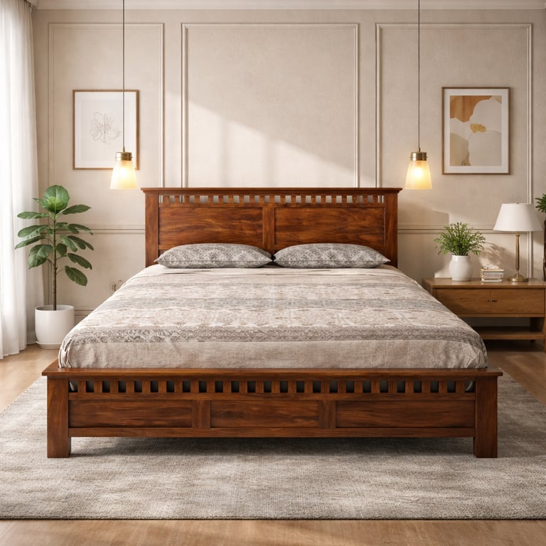 Solid wood platform bed frame with a slatted headboard in a modern master bedroom setting.