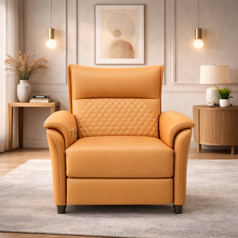 Modern orange leather recliner chair with quilted backrest in a luxury living room setting.
