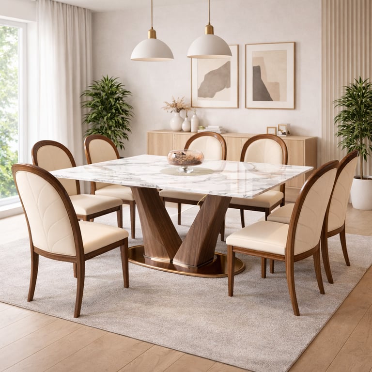 Modern dining room featuring a marble top dining table with wood base and cream upholstered chairs.