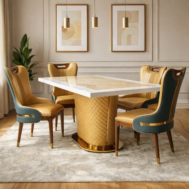 Luxury dining room set featuring a white marble top table and four gold and teal leather chairs.