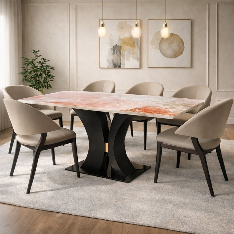 Modern luxury dining room featuring a pink marble top table with black pedestal base and beige upholstered chairs.