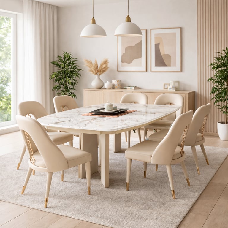 Modern luxury dining room featuring a marble dining table with beige leather chairs and gold accents.