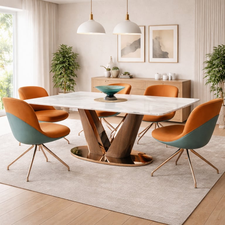 Modern dining room featuring a white marble table with orange velvet chairs and gold accents.