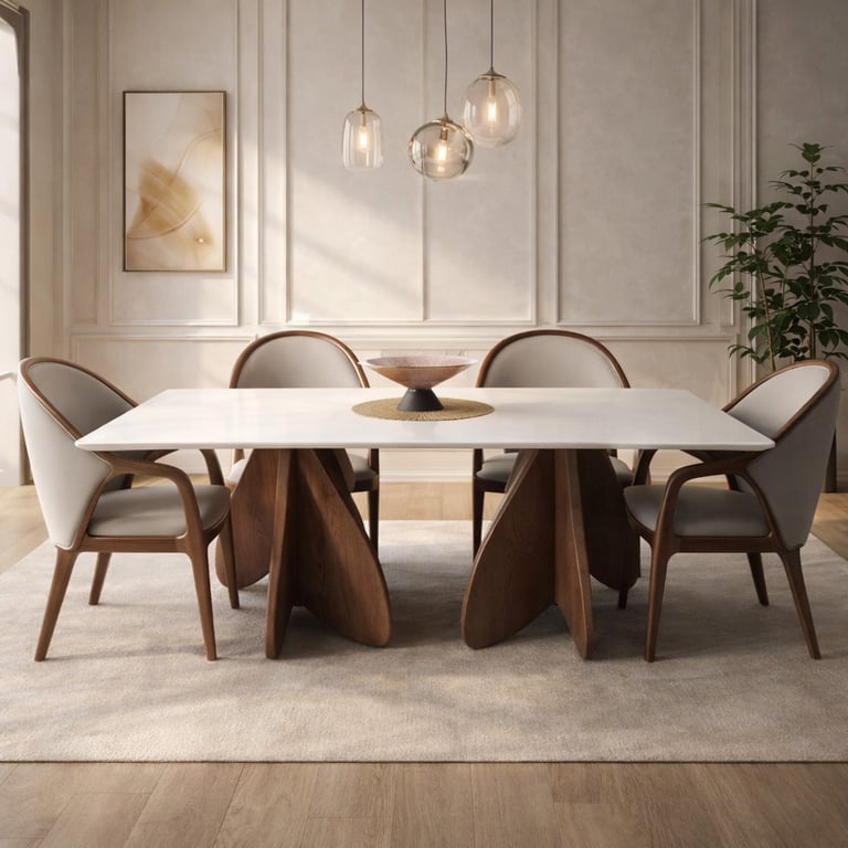 Modern dining room featuring a white marble table with wood pedestal legs and elegant upholstered chairs.