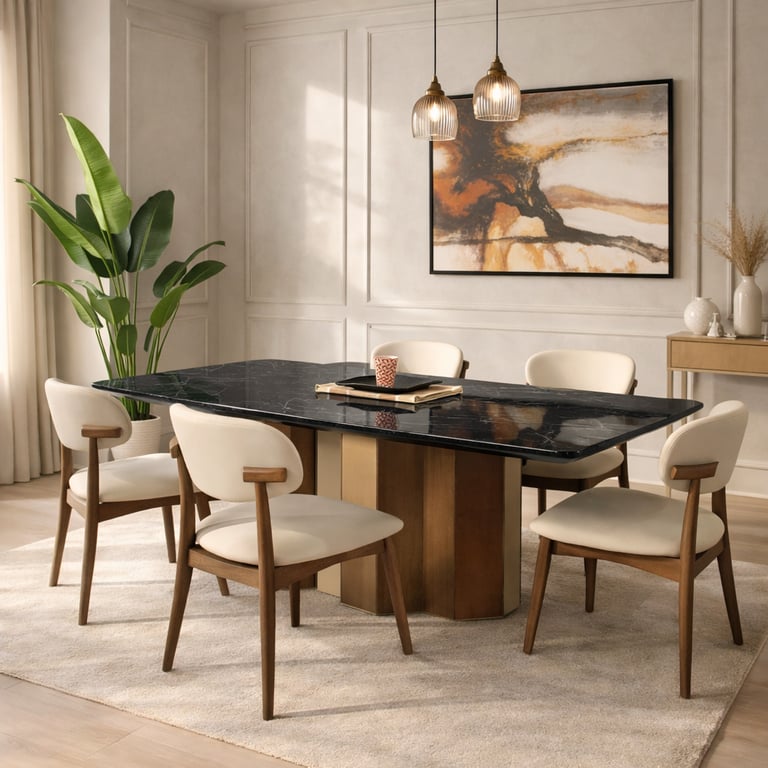 Modern dining room featuring a black marble table, white upholstered chairs, and abstract wall art.