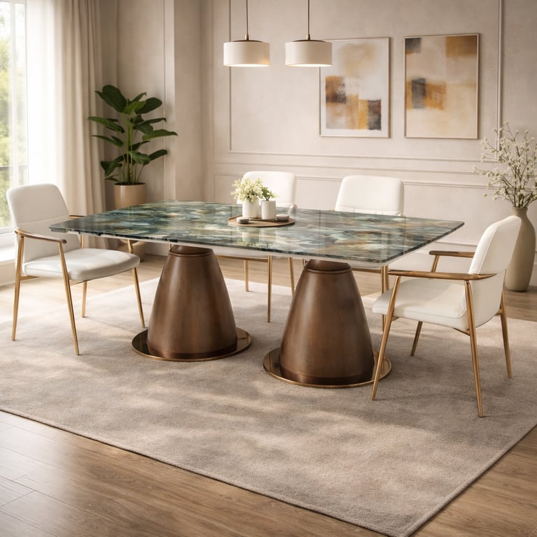 Modern luxury dining room with a green marble top table, walnut wood pedestals, and white leather chairs.