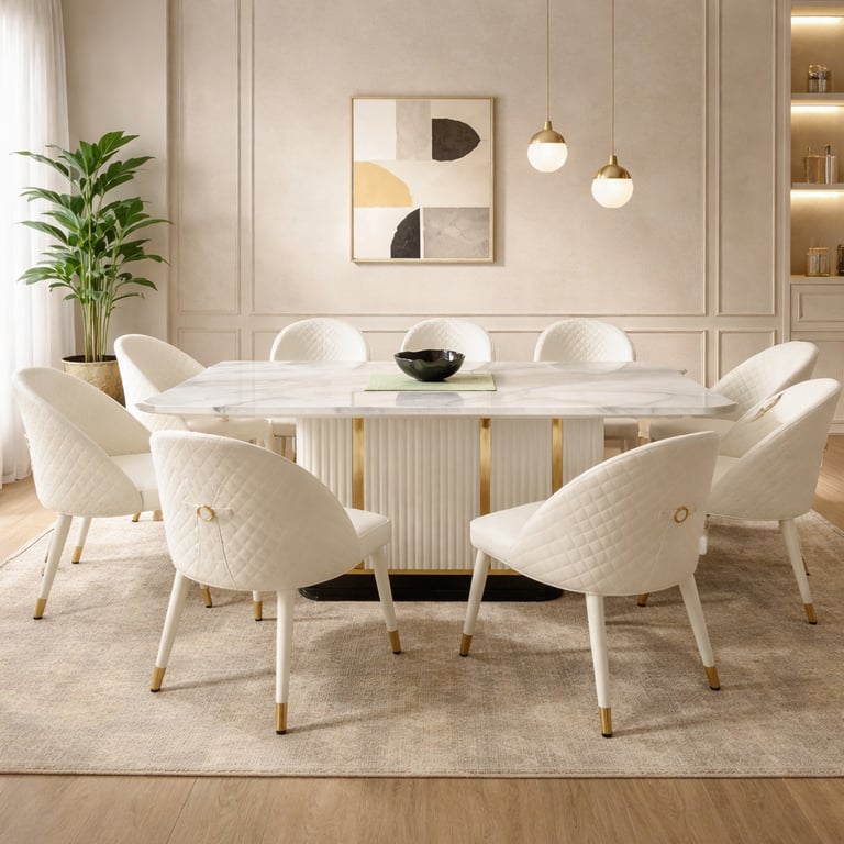 Modern dining room featuring a white marble dining table and quilted chairs with gold legs.