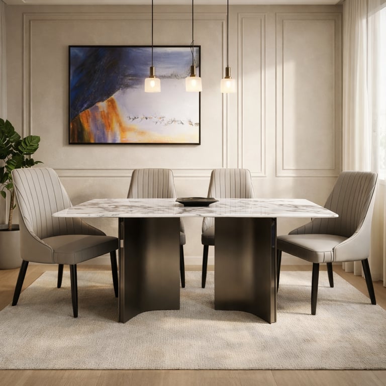 Modern marble dining table with four grey leather chairs and elegant pendant lights.