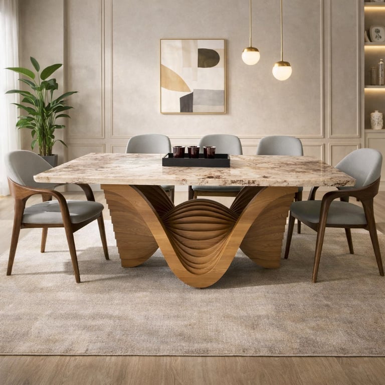 Modern luxury dining room featuring a marble top table with a sculptural wooden base and grey chairs.