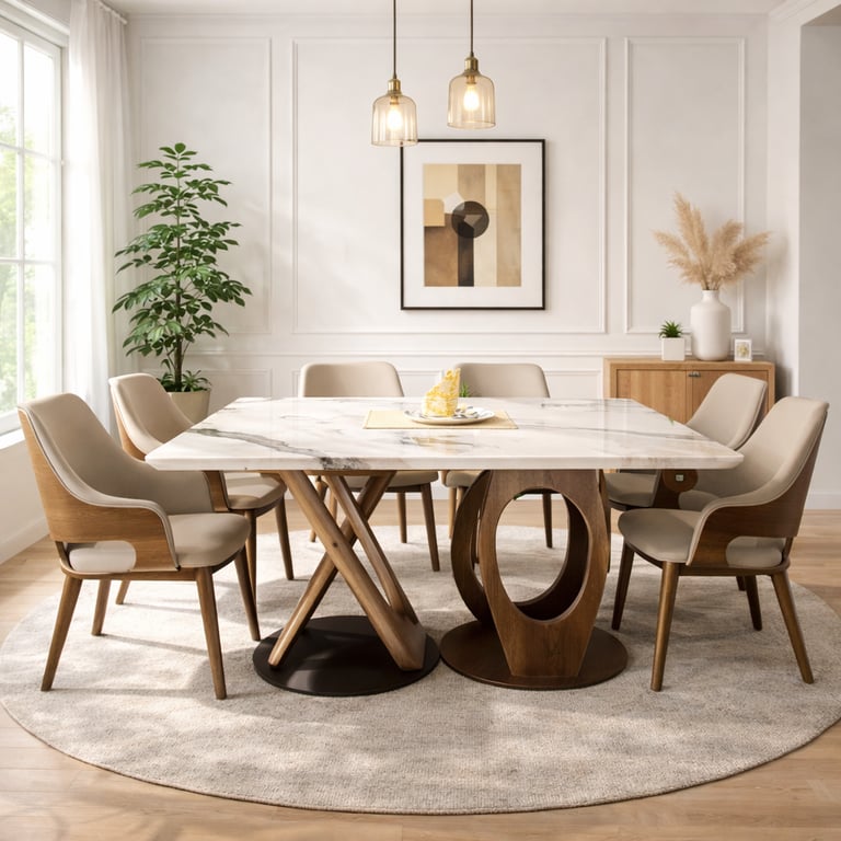 Modern square marble dining table with walnut wood base and beige upholstered chairs in a bright room.