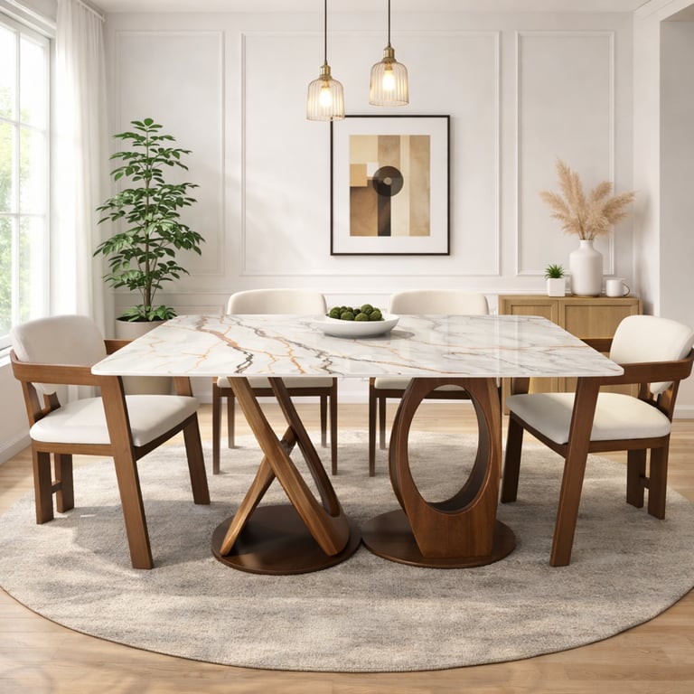 Modern marble top dining table with walnut wood base and matching upholstered chairs in a bright room.