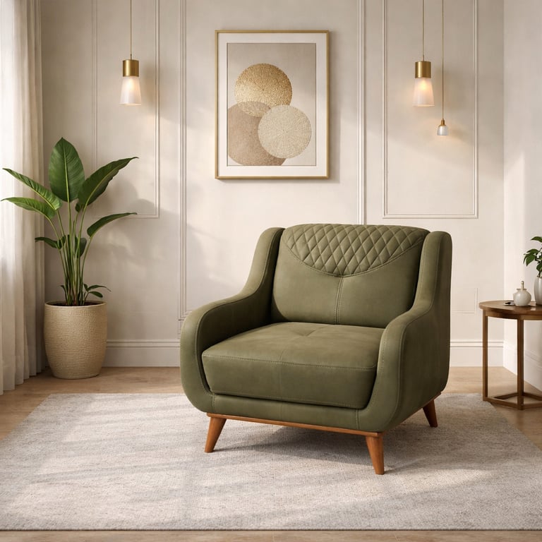 Modern olive green leather armchair with tufted details in a minimalist living room.