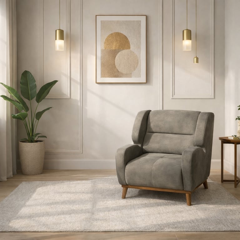 Modern gray upholstered armchair in a minimalist living room with gold pendant lights and a potted plant.