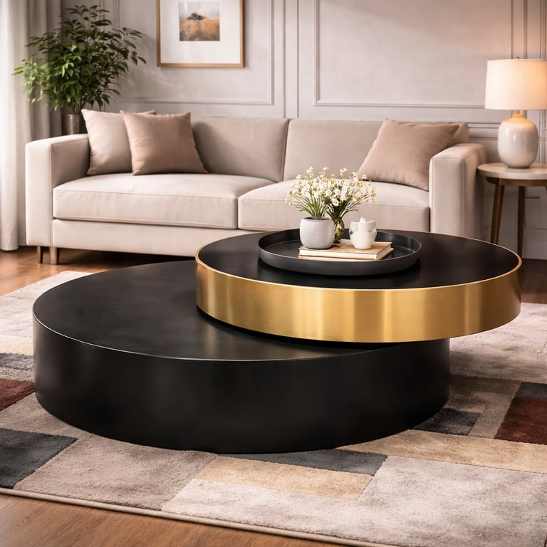 Modern round nesting coffee table with black and gold metal finishes in a neutral living room.
