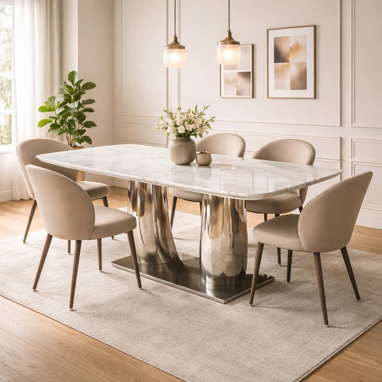 Modern white marble dining table with chrome pedestal base and beige upholstered chairs in a bright room.