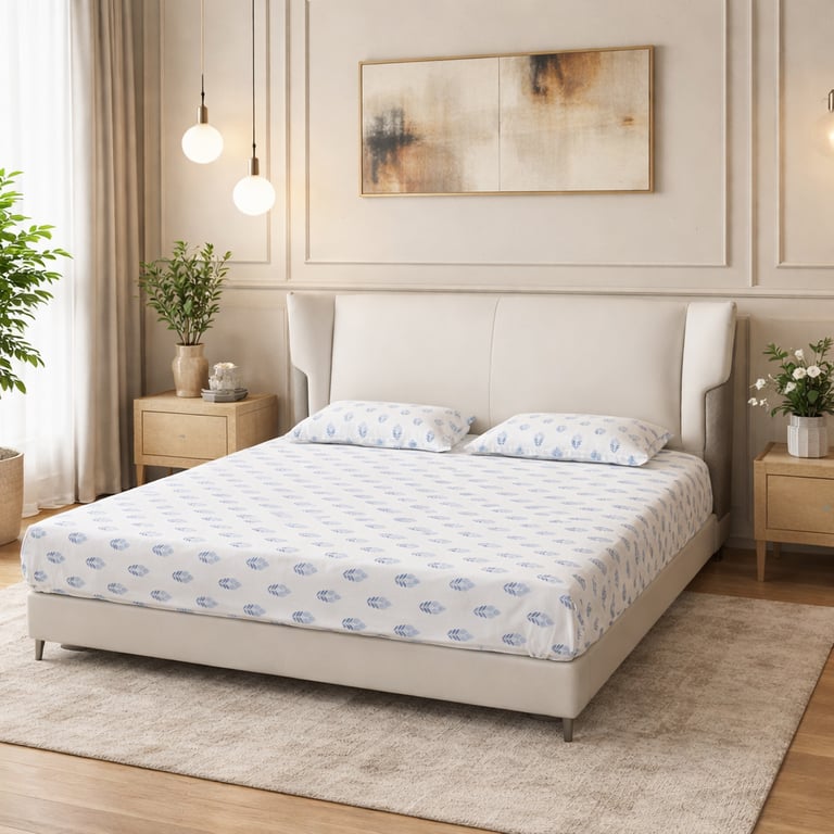 Modern bedroom with blue leaf pattern cotton bed sheets and a cream upholstered headboard.