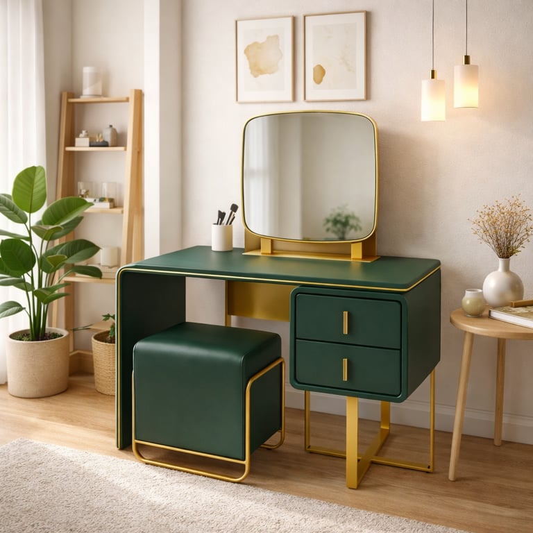 Modern green vanity desk with gold accents, matching stool, and large mirror in a bright bedroom.