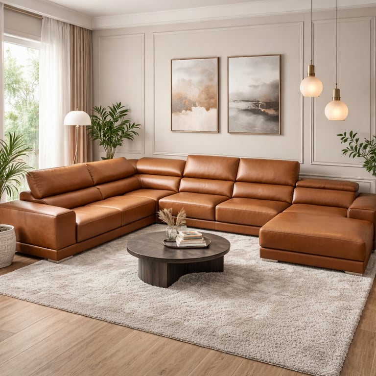 Modern brown leather l-shaped sectional sofa in a minimalist living room with a round coffee table.