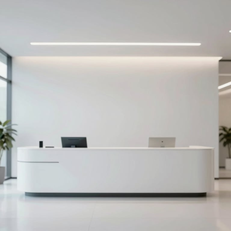 A minimalist reception area of a corporate office with clean lines and professional lighting.