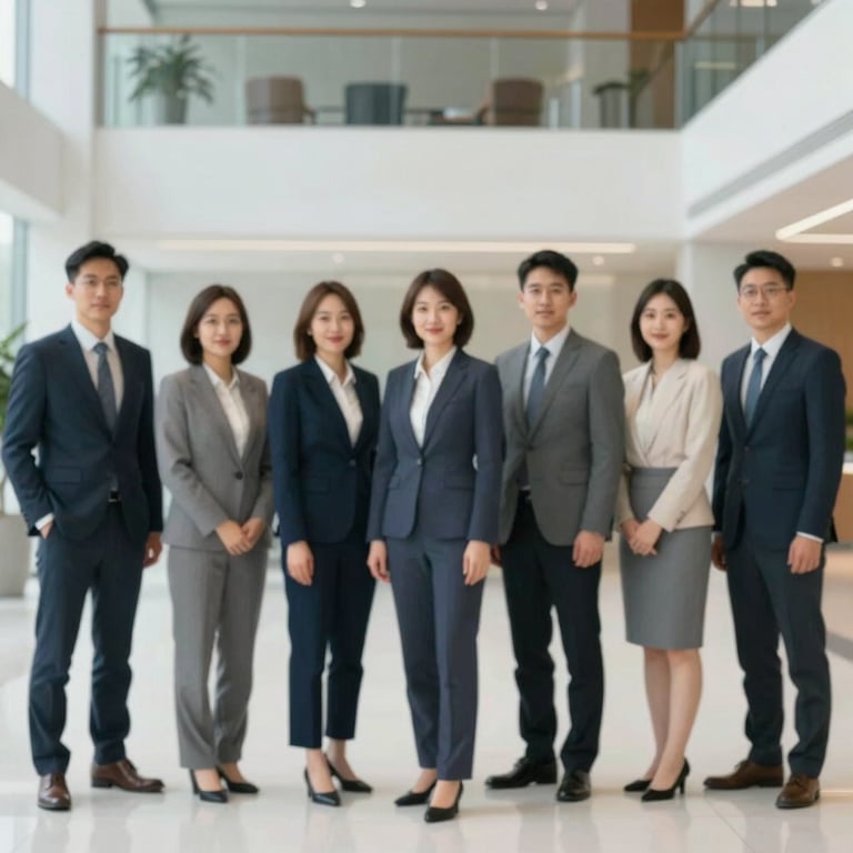 A professional team standing together in a brightly lit, modern corporate lobby.